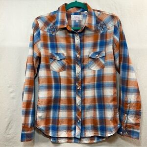 Vintage Panhandle Slim Embroidered Plaid Pearl Snap Top Size M Eagle Rhinestones